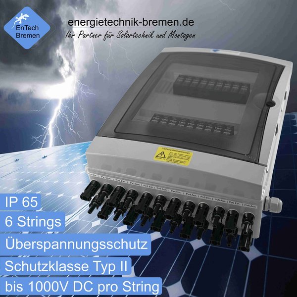 Solar / PV - Überspannungsschutz - Anschlusskasten -  einfach - 6 Strings - DC 1000V - Typ II - IP65
