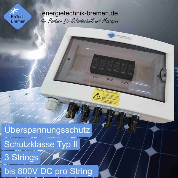 Solar / PV - Überspannungsschutz - Anschlusskasten -  einfach - 3 Strings - DC 800V - Typ II