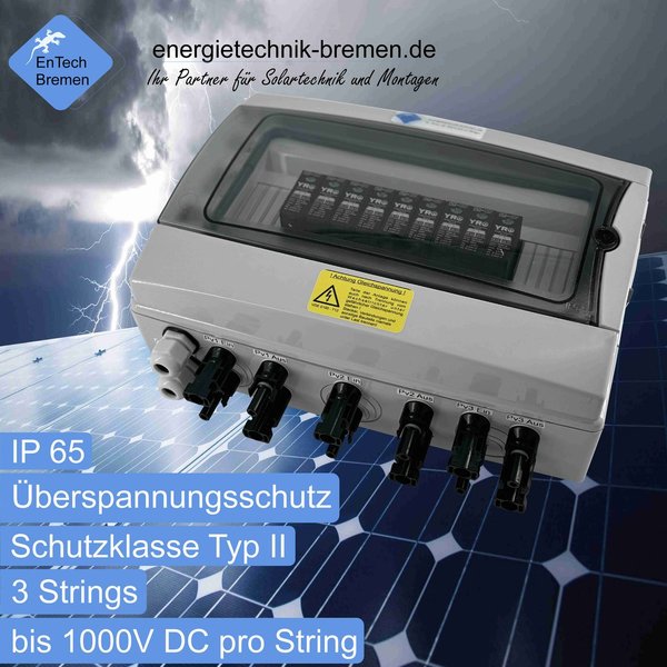 Solar / PV - Überspannungsschutz - Anschlusskasten -  einfach - 3 Strings - DC 1000V - Typ II - IP65