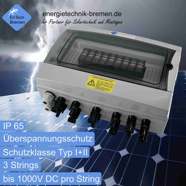 Solar / PV - Überspannungsschutz - Anschlusskasten - 3 Strings - DC 1000V - Typ I+II - IP65